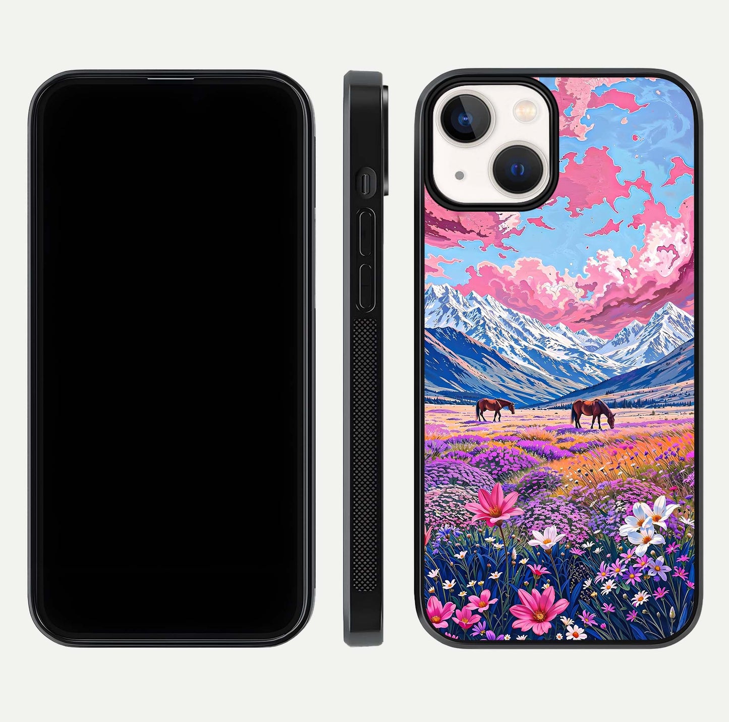 Blossom Valley Dream Glass Case for iPhone 13 Mini front-and-back layout highlighting glossy reflection and edge cut