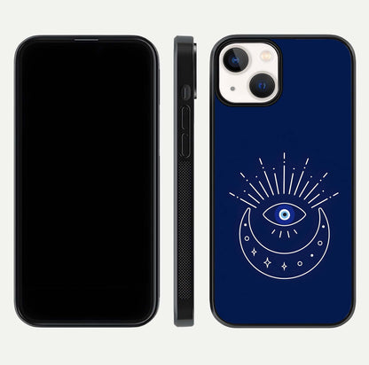 Blue Evil Eye Glass Case for iPhone 13 Mini front-and-back layout showing blue aura design and curved-edge clarity