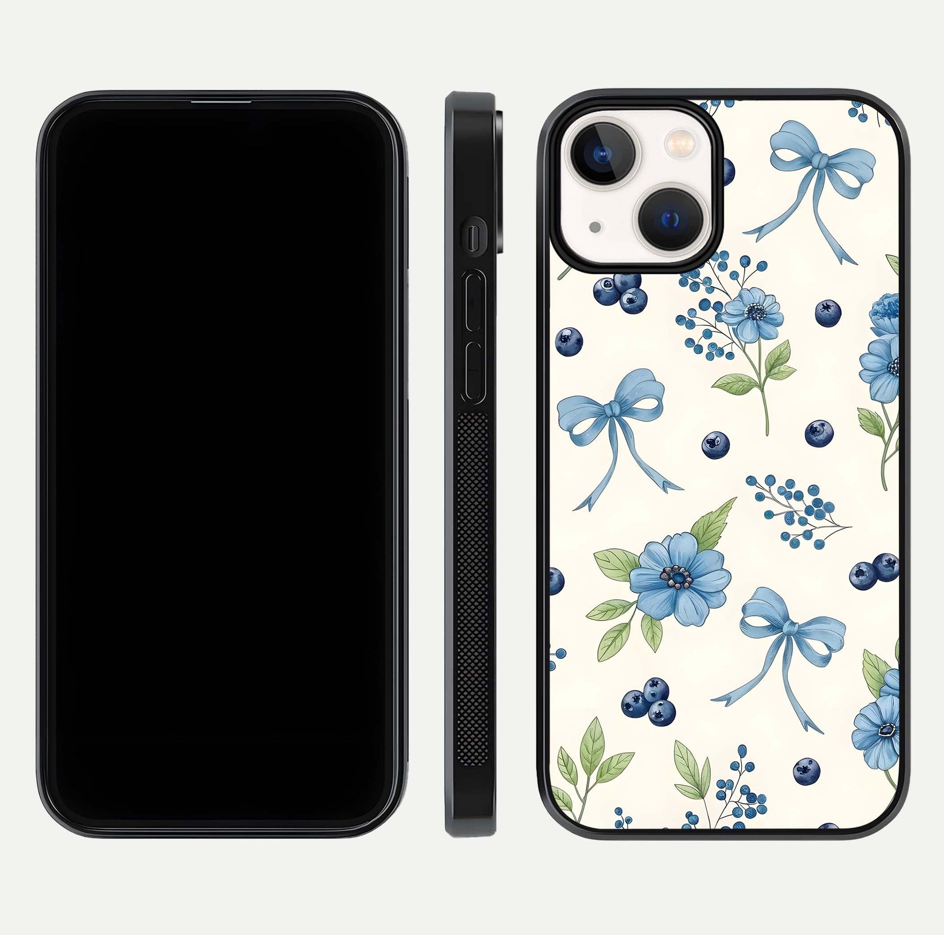 Blue Flower & Bow Glass Case for iPhone 13 Mini dual-view layout showing balanced pattern and smooth edges