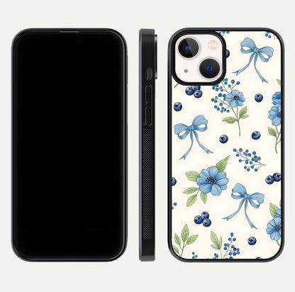 Blue Flower & Bow Glass Case for iPhone 13 Mini dual-view layout showing balanced pattern and smooth edges