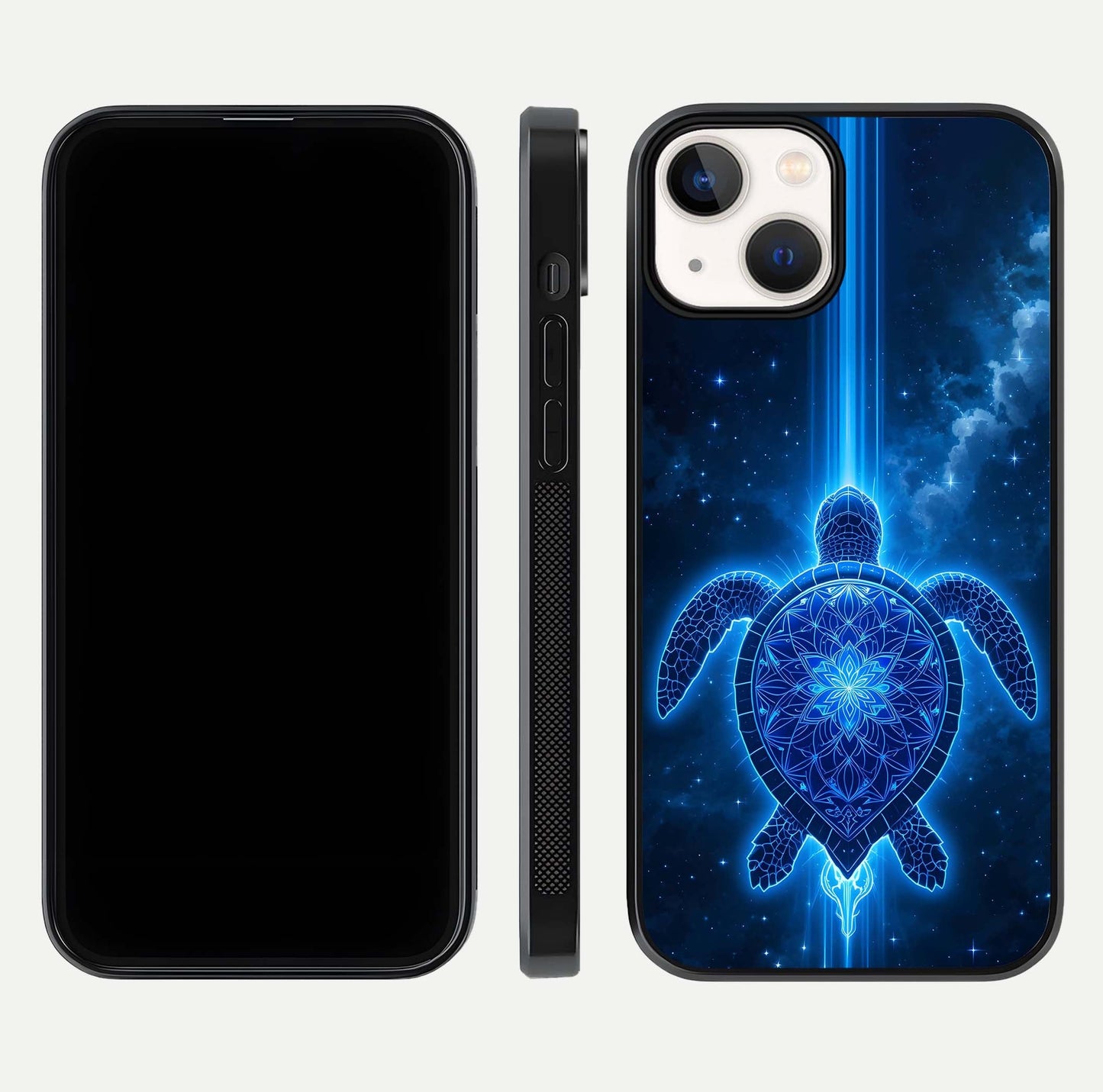 Blue Galaxy Turtle Glass Case for iPhone 13 Mini front-and-back layout highlighting cosmic art and reflective glass