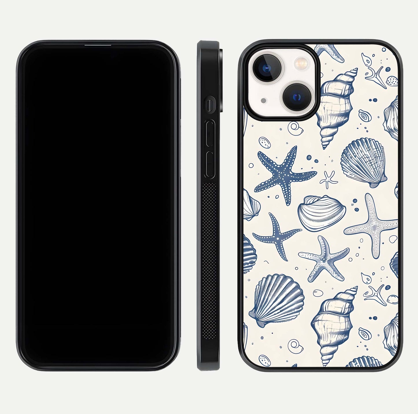 Blue Ocean Outline Glass Case for iPhone 13 Mini front-and-back layout showing minimal wave design and HD gloss