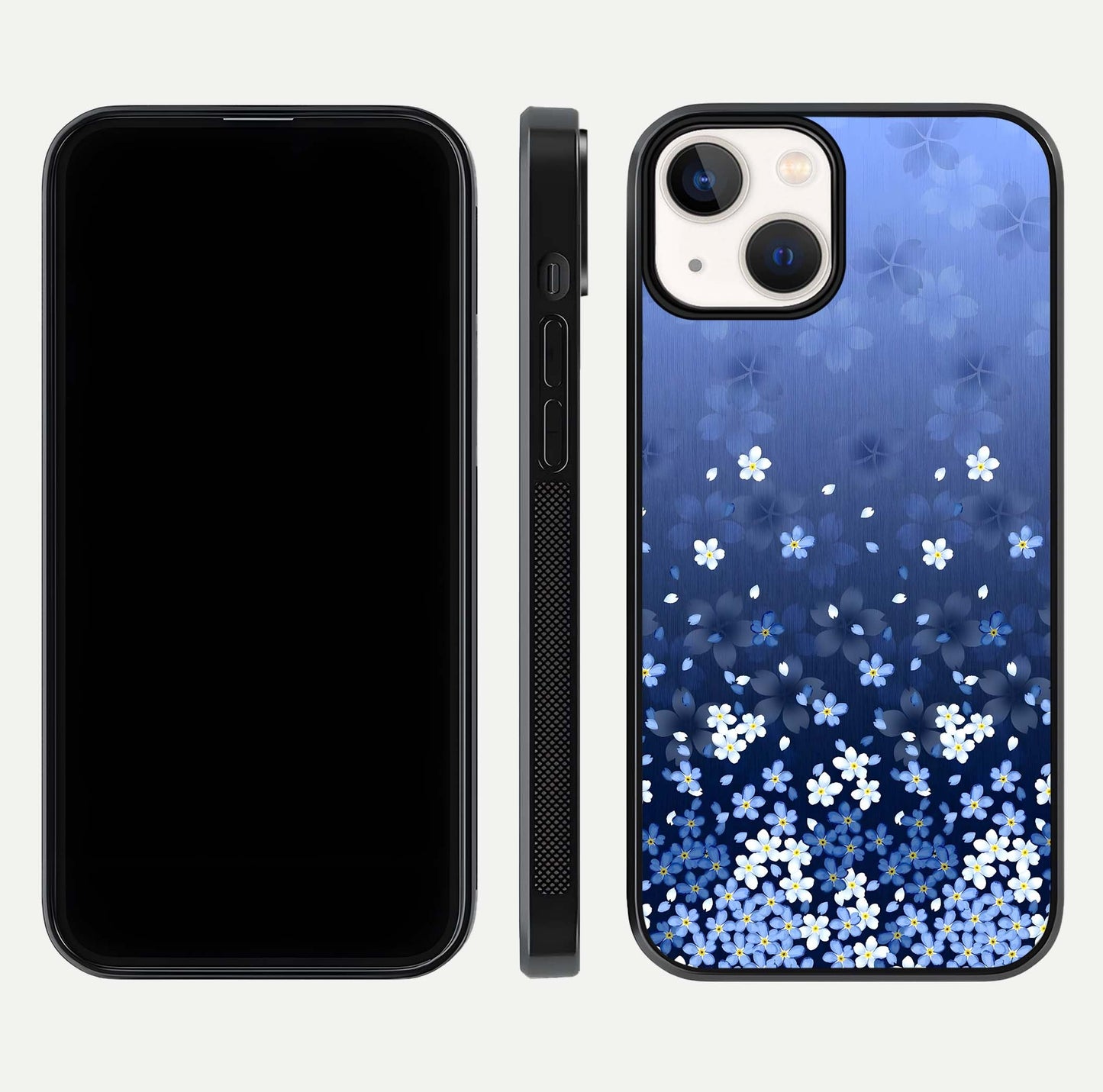 Blue Starry Glass Case for iPhone 13 Mini dual-view layout showing star spread and smooth edge shine