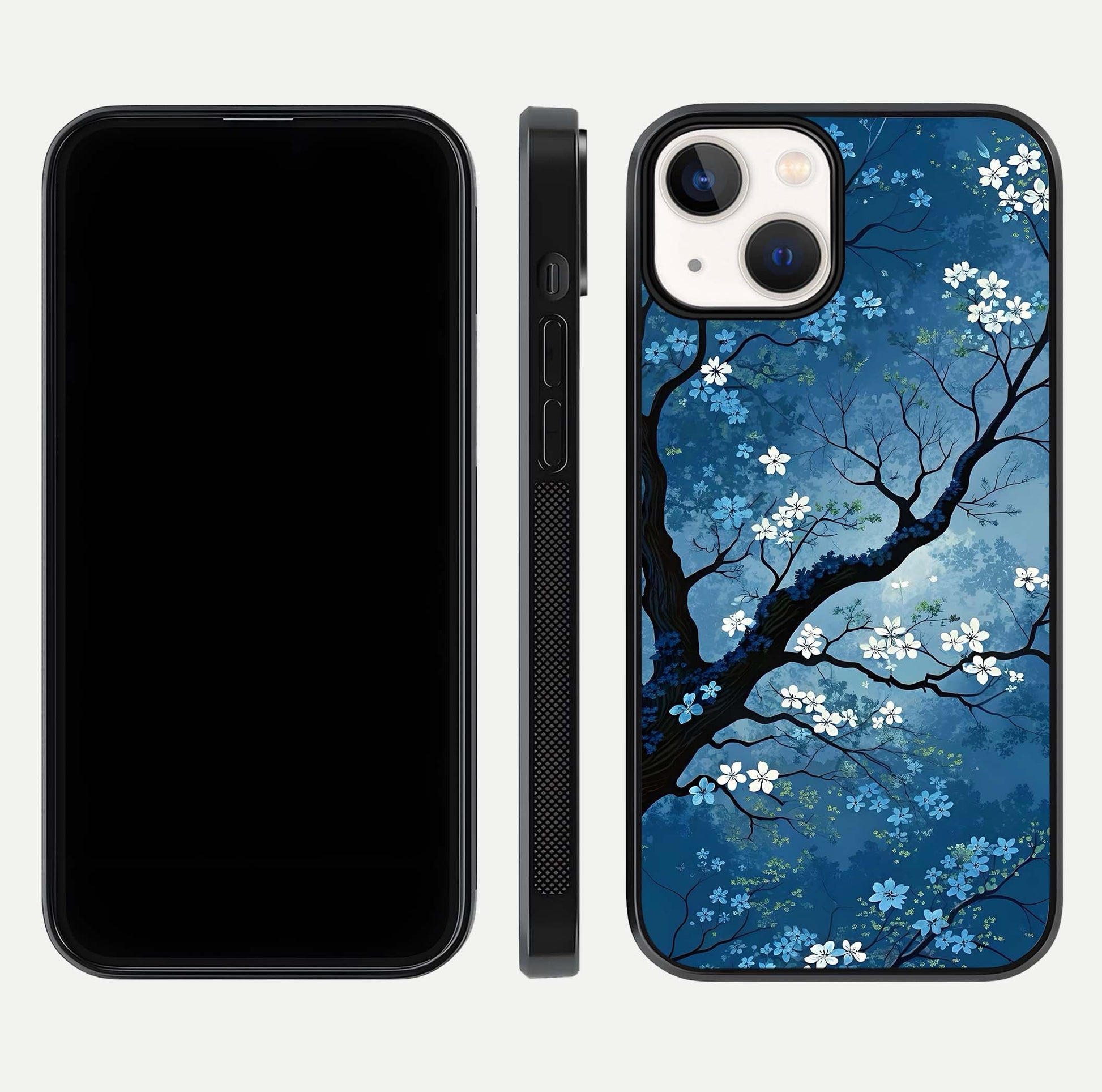 Blue Tree Serenity Glass Case for iPhone 13 Mini front-and-back layout showing gradient background and smooth edges