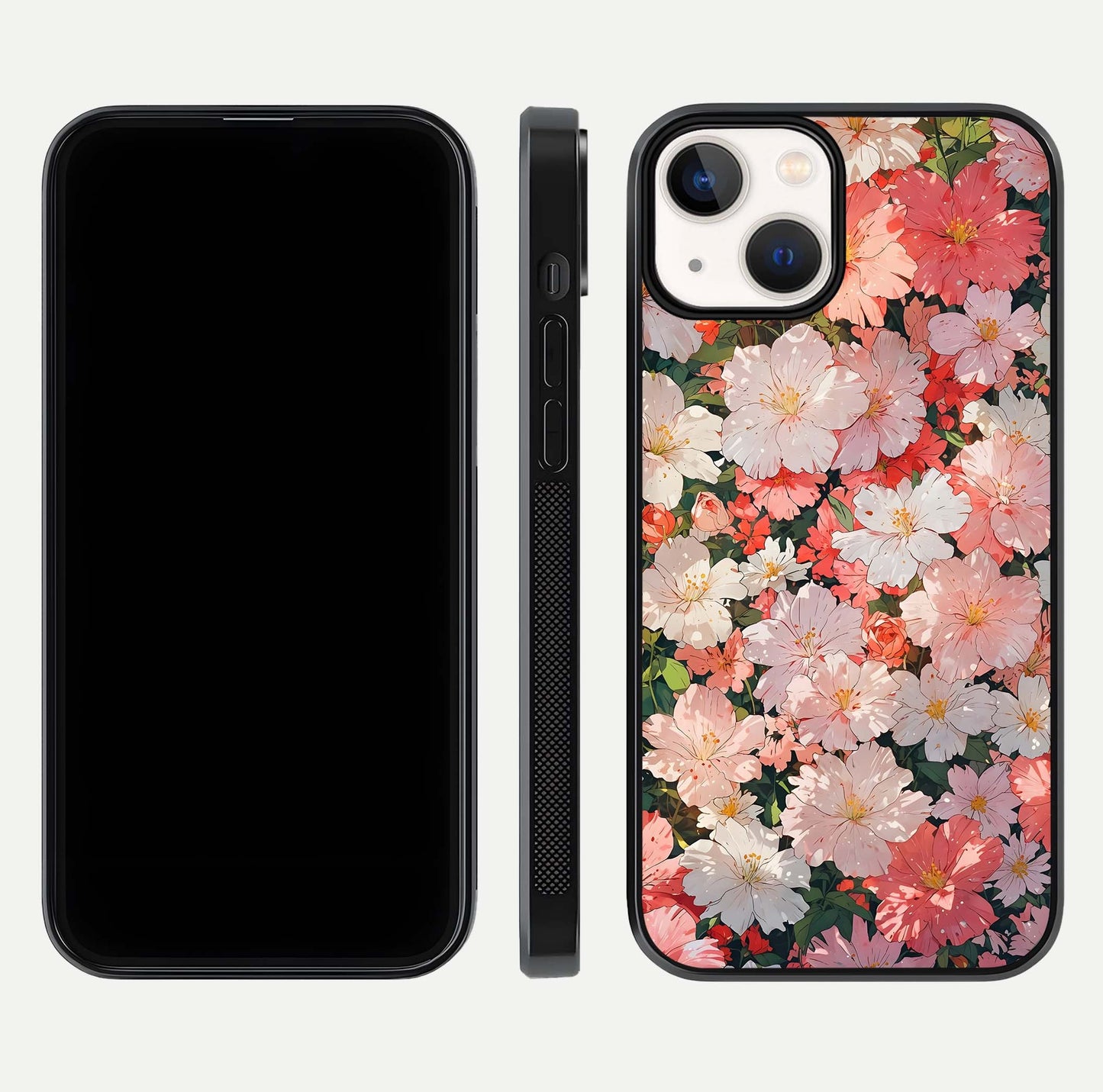 Blush Bloom Field Glass Case for iPhone 13 Mini dual-view layout showing bloom arrangement and protective frame