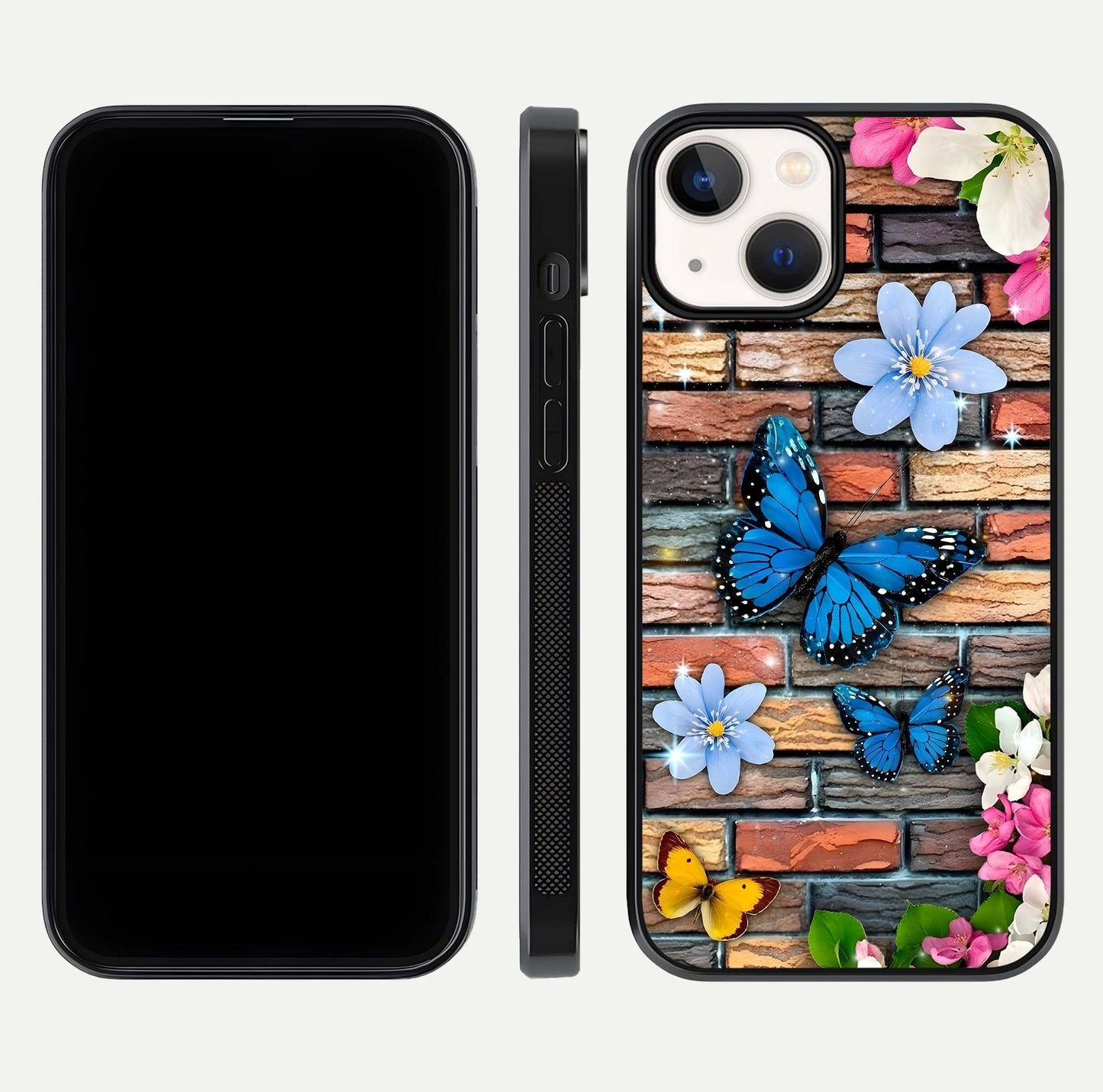 Brick Bloom Flight Glass Case for iPhone 13 Mini dual-view layout showing bloom placement and protective edge design