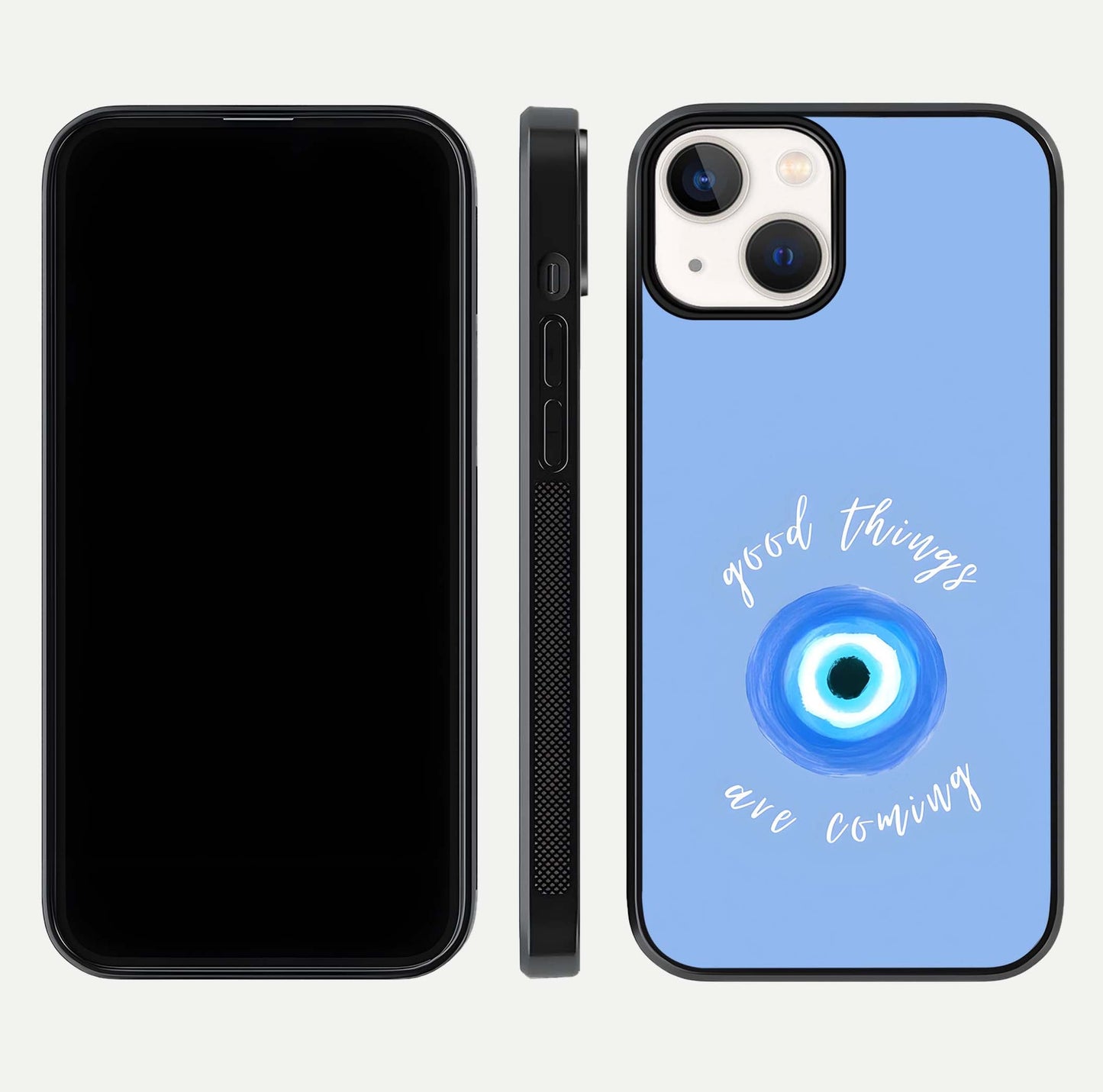 Bright Future Ahead Glass Case for iPhone 13 Mini front-and-back layout showing clean font style and gloss shine