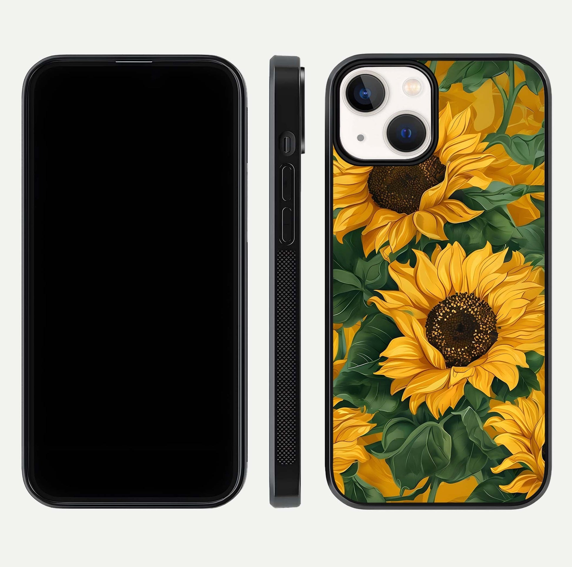Bright Sunflower Bloom Glass Case for iPhone 13 Mini dual-view layout displaying floral glow and curved glass edge