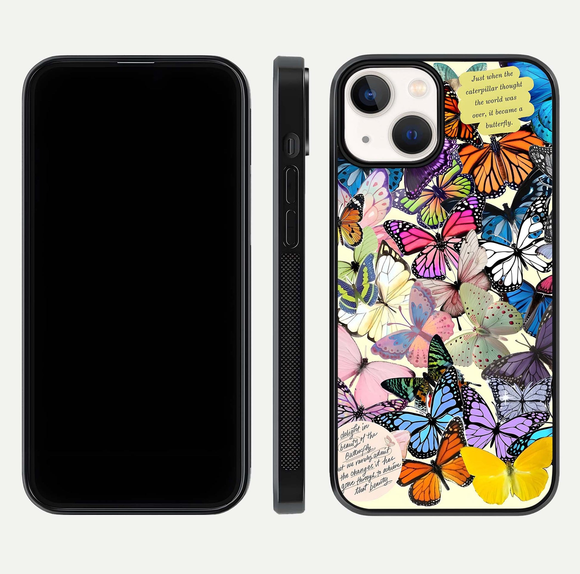 Butterflies Petal Dream Glass Case for iPhone 13 Mini front-and-back layout showcasing floral spread and reflection shine