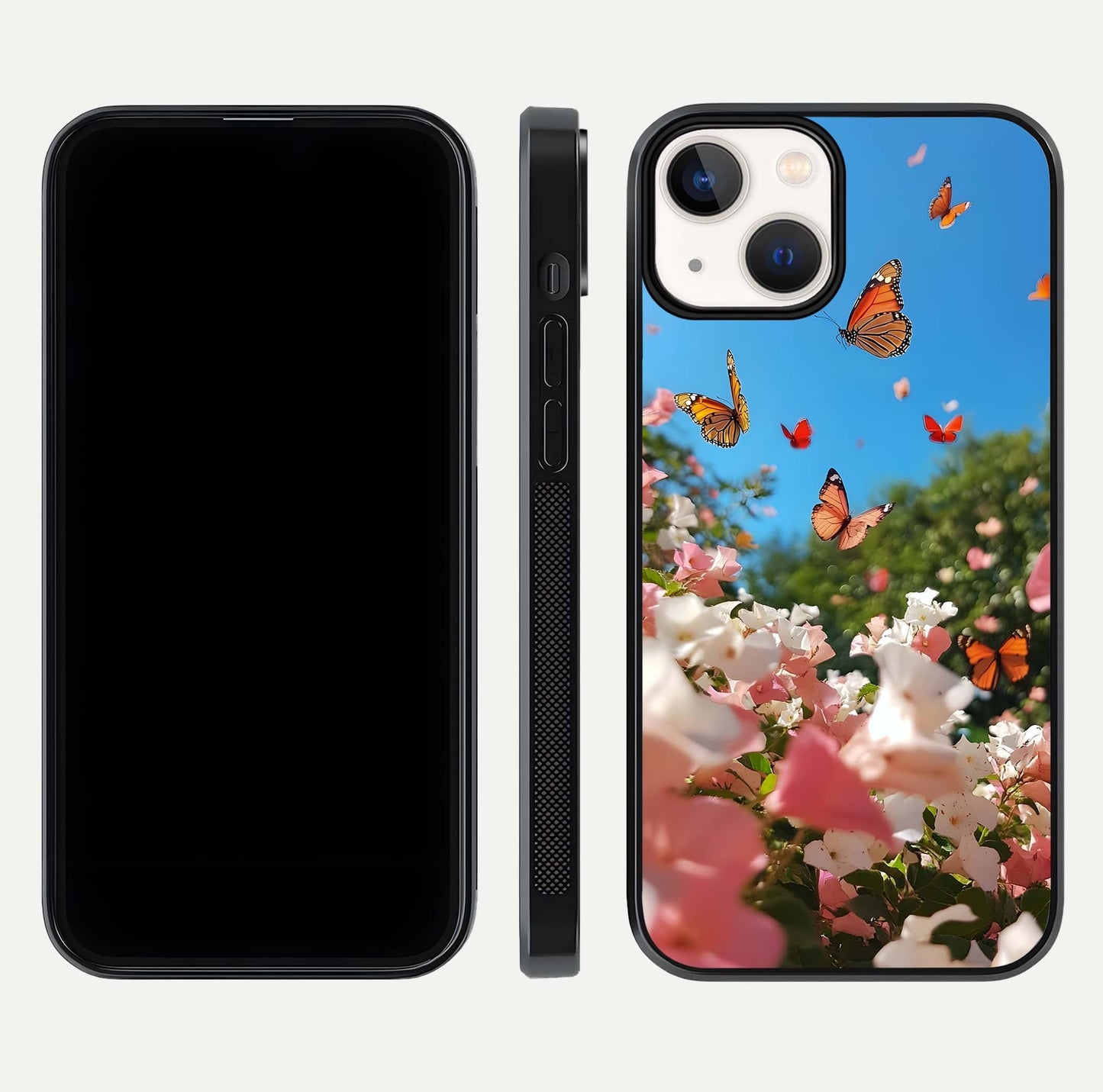 Butterflies in Bloom Sky Glass Case for iPhone 13 Mini dual-view layout displaying elegant composition and glass gloss