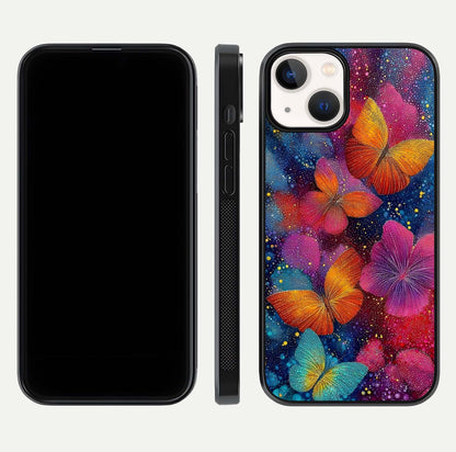 Butterfly Dream Mist Glass Case for iPhone 13 Mini dual-view layout showing mist background and edge polish