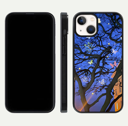 Butterfly Night Magic Glass Case for iPhone 13 Mini dual-view layout displaying balanced art and edge clarity