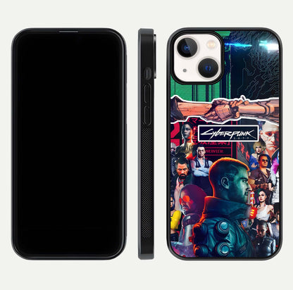 CYBERPUNK Legacy Glass Case for iPhone 13 Mini dual-view layout showing cyberpunk hues and glass precision