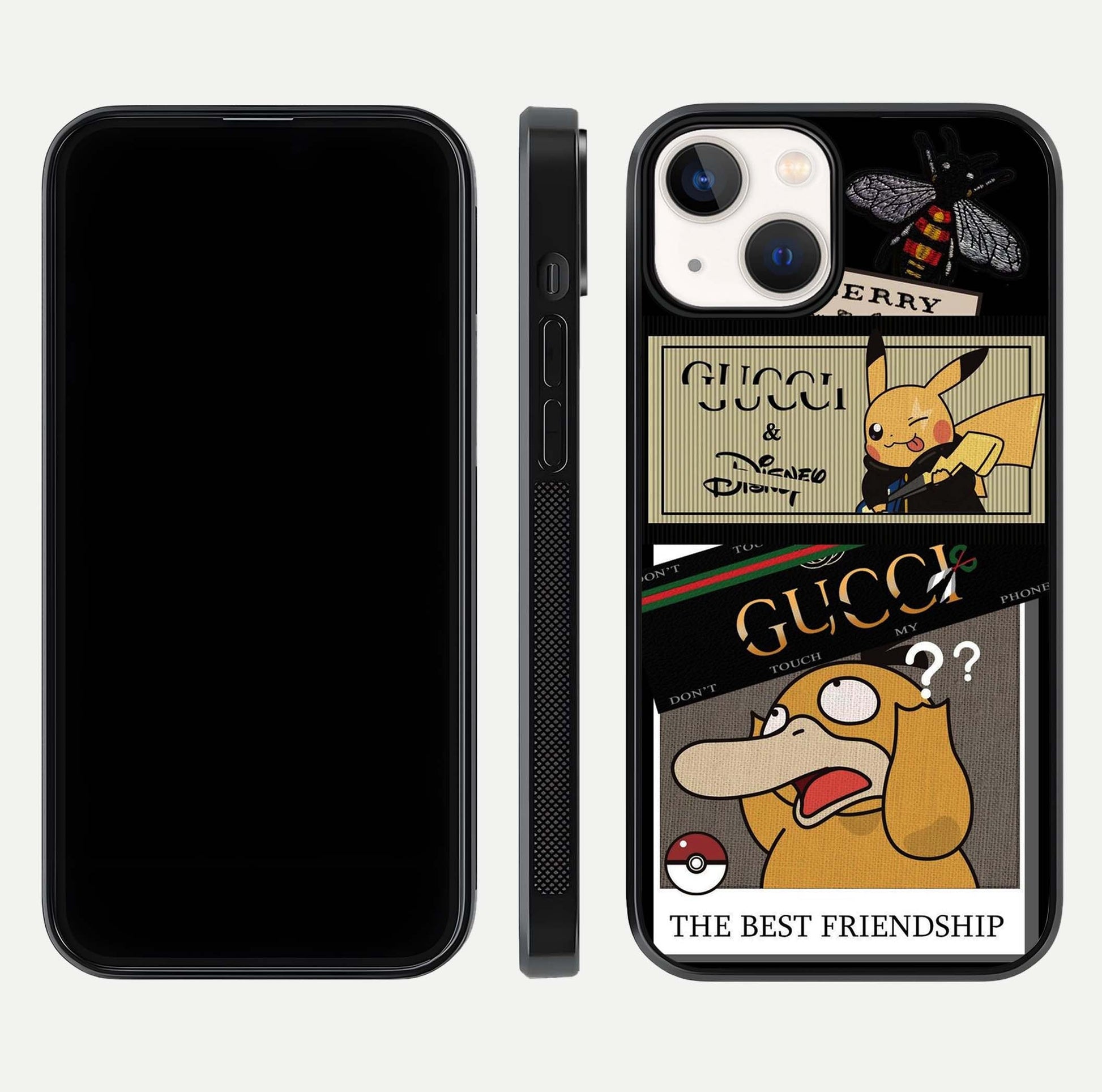Cartoon Brand Play Mashup Glass Case for iPhone 13 Mini front and back view layout highlighting multi-logo artwork and curved edges