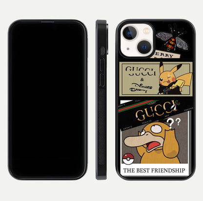 Cartoon Brand Play Mashup Glass Case for iPhone 13 Mini front and back view layout highlighting multi-logo artwork and curved edges