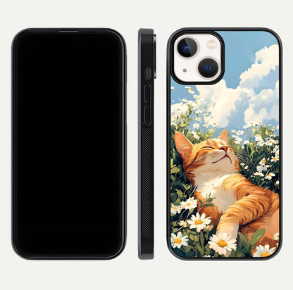 Cat & Flowers View Glass Case for iPhone 13 Mini front-and-back layout showing floral balance and gloss surface