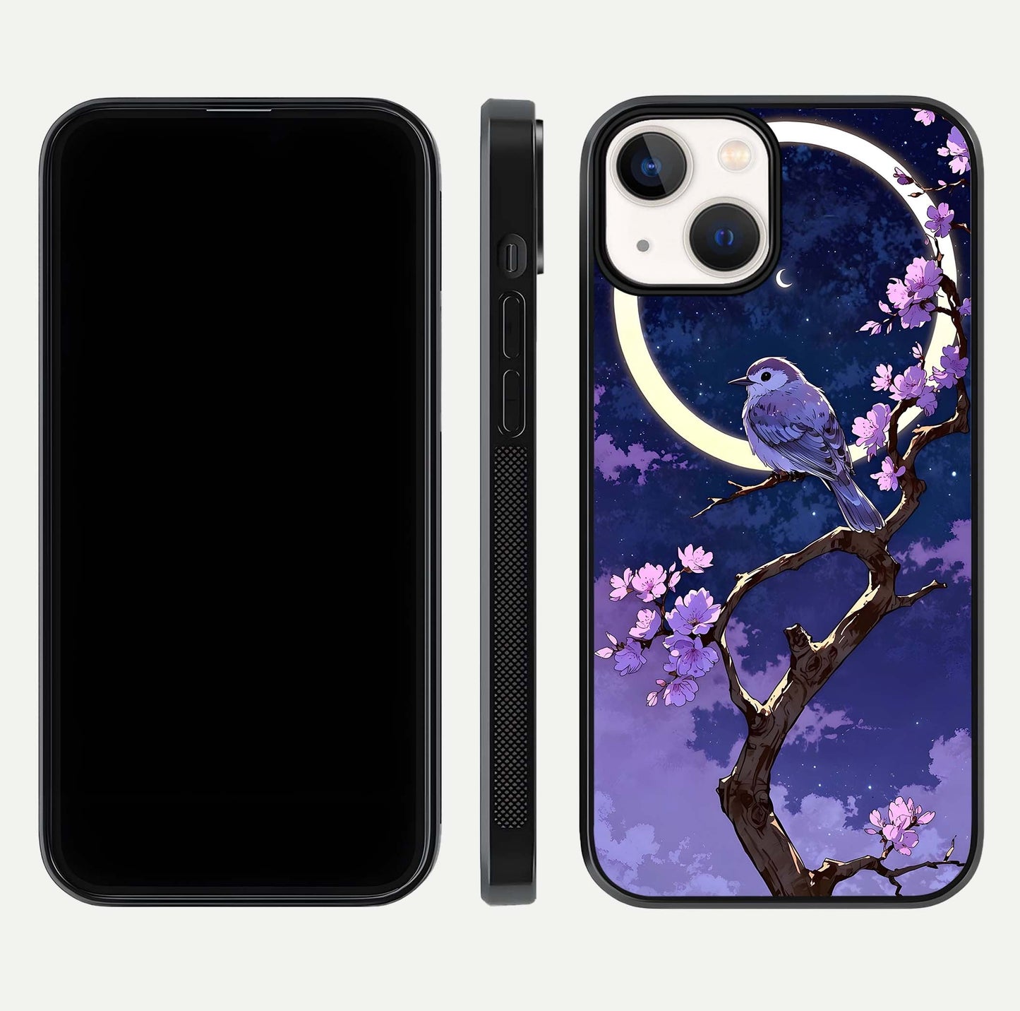 Celestial Bird Blossom Glass Case for iPhone 13 Mini dual-view layout showing art composition and edge clarity