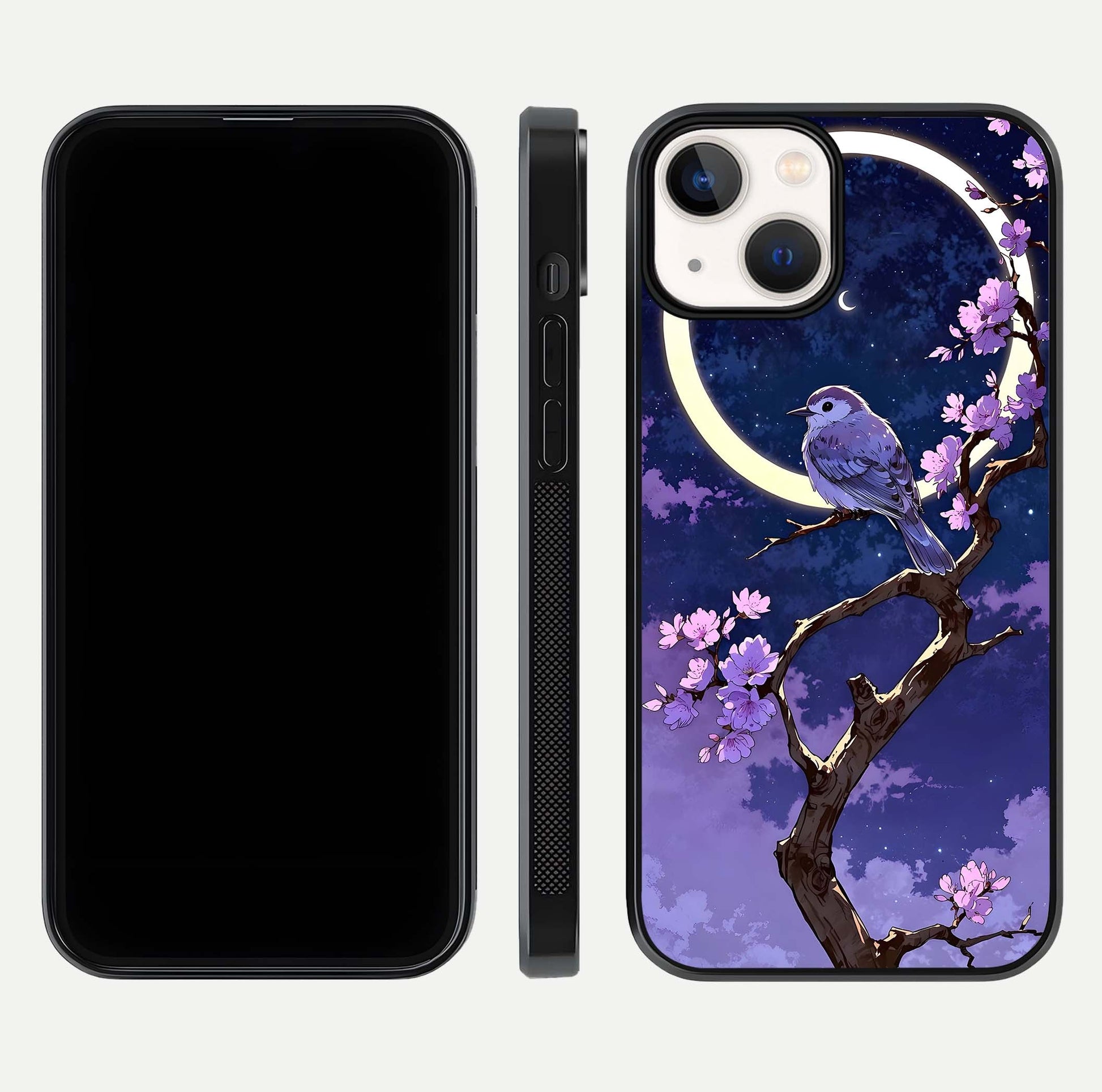 Celestial Bird Blossom Glass Case for iPhone 13 Mini dual-view layout showing art composition and edge clarity