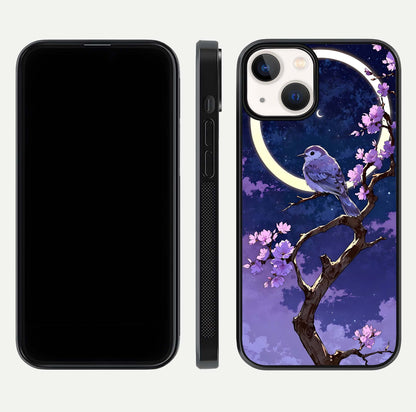 Celestial Bird Blossom Glass Case for iPhone 13 Mini dual-view layout showing art composition and edge clarity