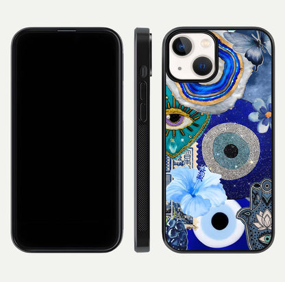 Celestial Blue Vision Glass Case for iPhone 13 Mini dual-view layout showing celestial gradient and curved edges