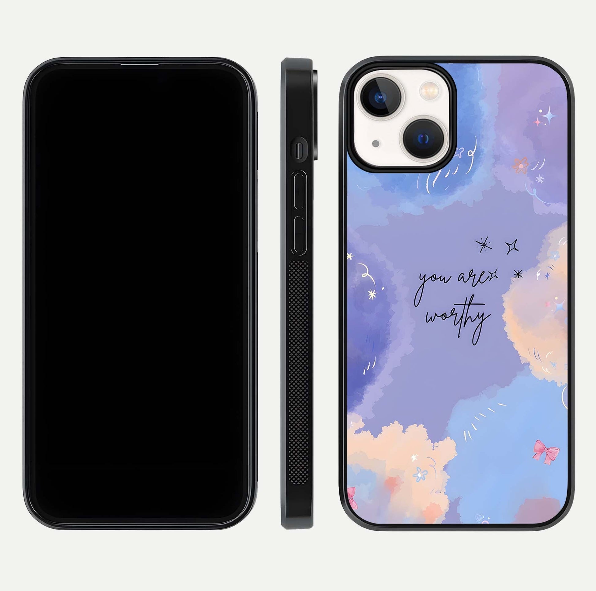 Celestial Cloud Magic Glass Case for iPhone 13 Mini dual-view layout showcasing soft color transition and gloss shine