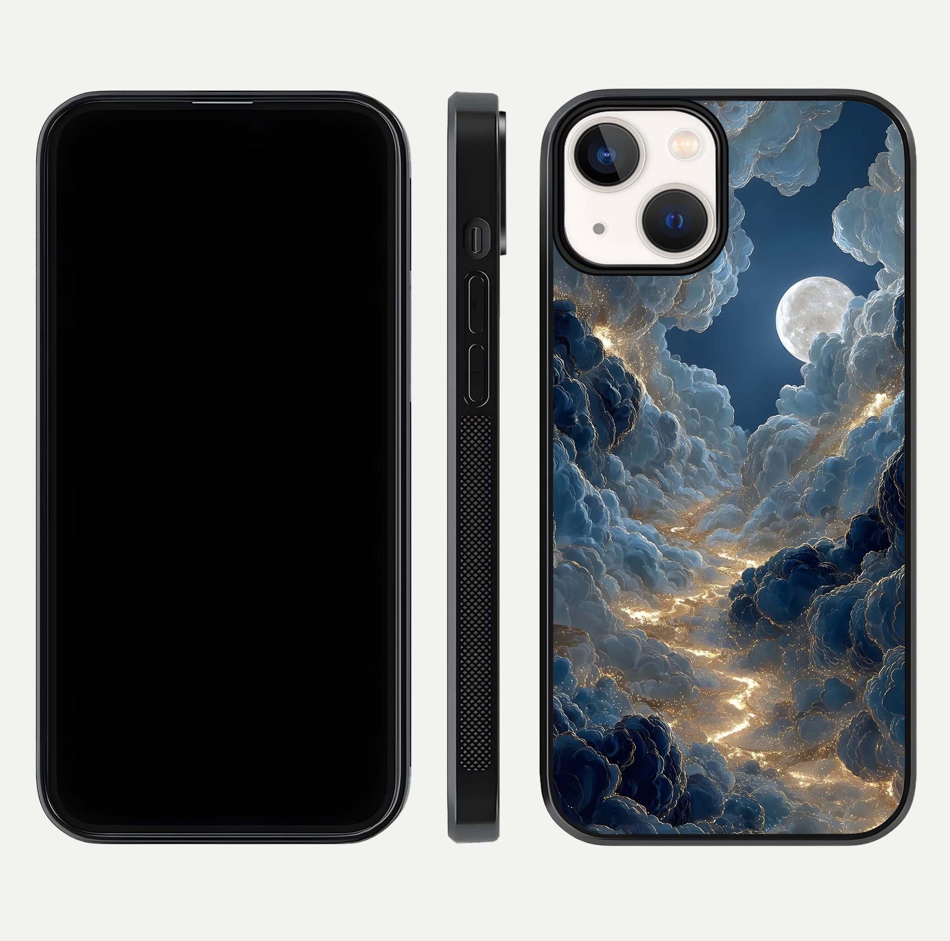 Celestial Cloud Road Glass Case for iPhone 13 Mini front-and-back layout displaying balance between light and depth