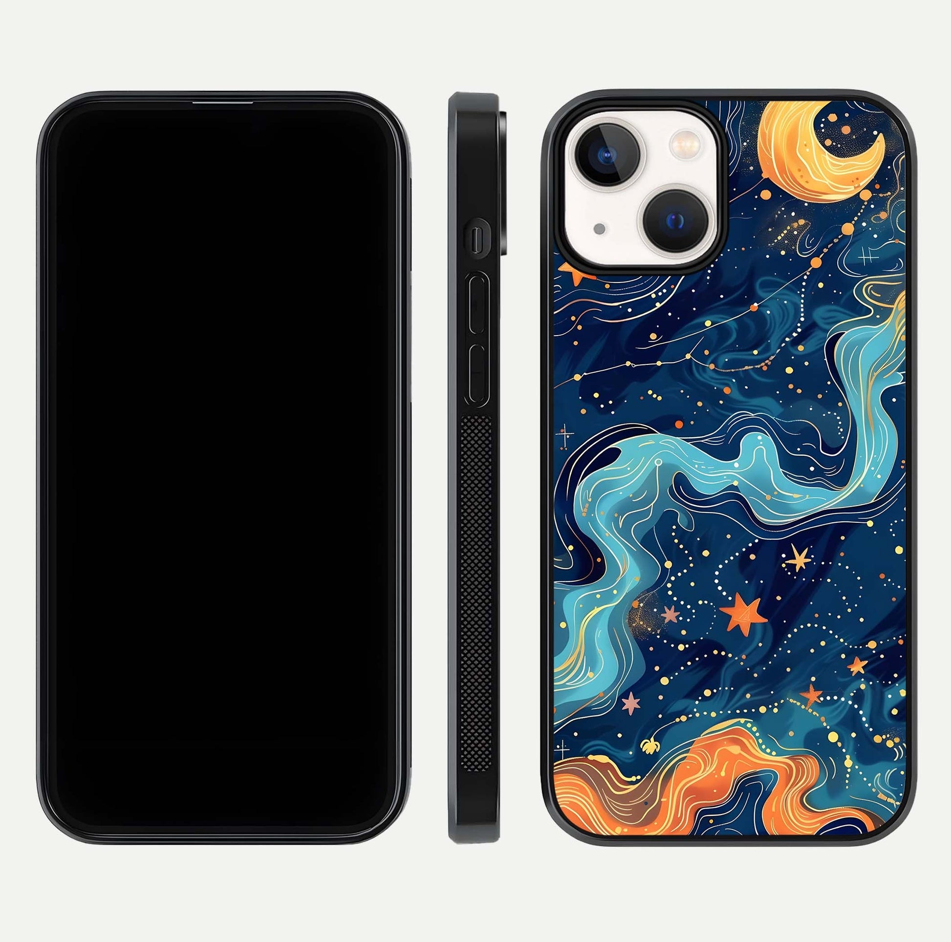 Celestial Dream Flow Glass Case for iPhone 13 Mini dual-view layout showing abstract flow and curved glass