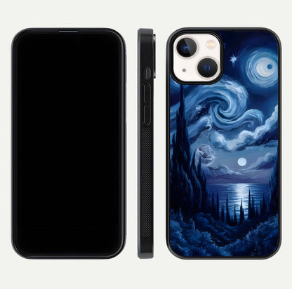 Celestial Dream Van Gogh Glass Case for iPhone 13 Mini dual-view layout displaying art texture and glass polish