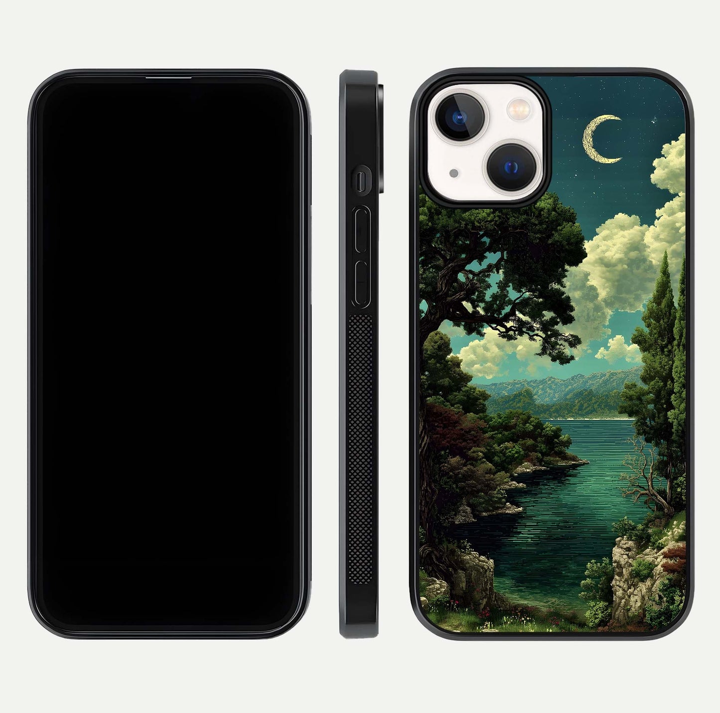 Celestial Lake Peace Glass Case for iPhone 13 Mini dual-view layout showing soft hues and HD shine