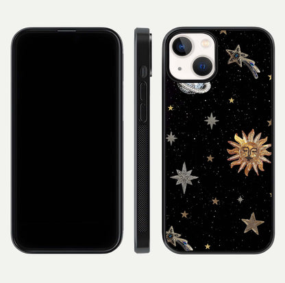 Celestial Moon With Stars Glass Case for iPhone 13 Mini front-and-back layout displaying lunar art and premium finish