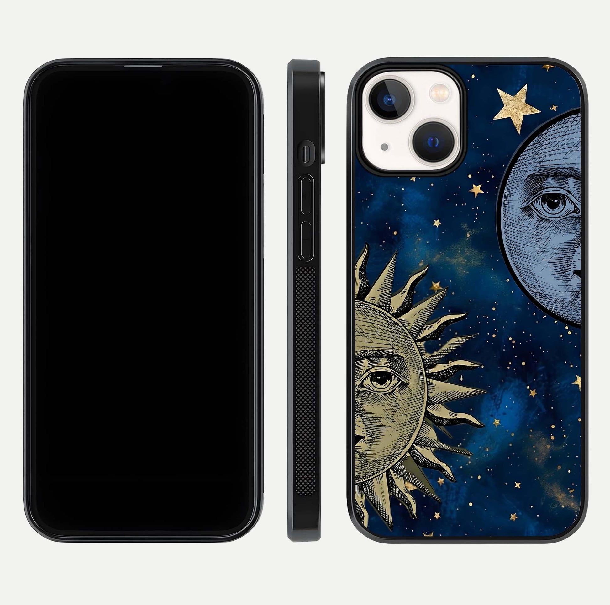 Celestial Moon With Sun Glass Case for iPhone 13 Mini dual-view layout showing luminous pattern and curved edges