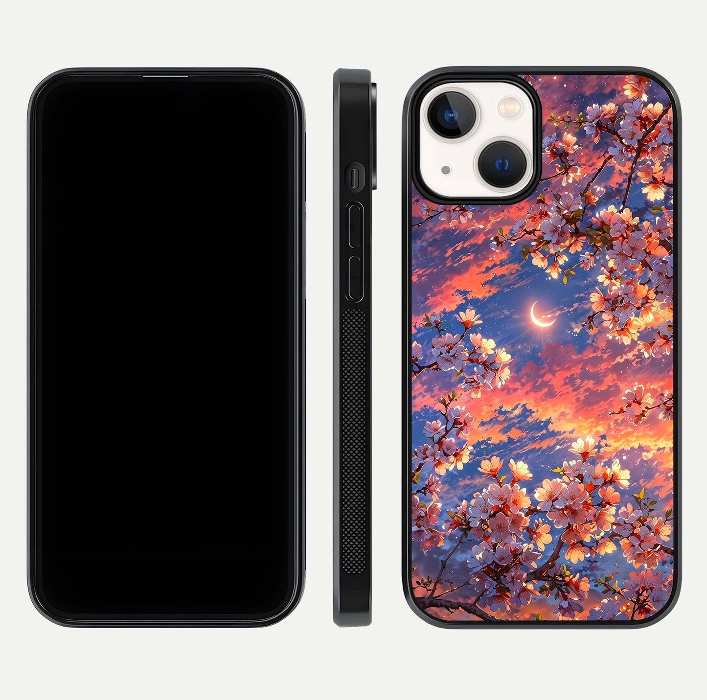 Celestial Sakura Sunset Glass Case for iPhone 13 Mini dual-view layout showing floral gradient and reflection polish