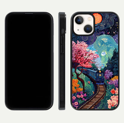 Celestial Train Journey Glass Case for iPhone 13 Mini dual-view layout showing cosmic art balance and curved glass edges