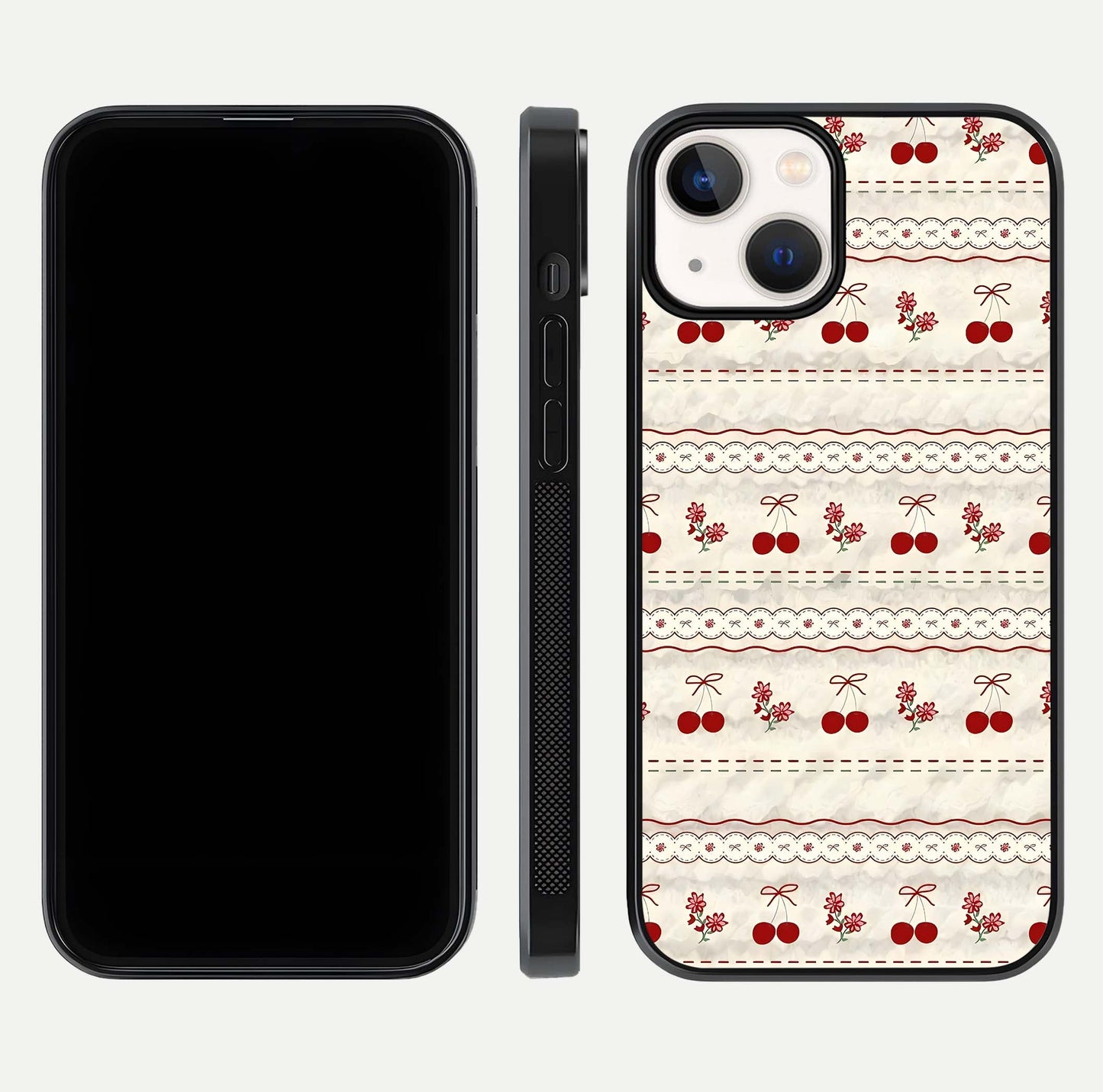 Cherry Bloom Charm Glass Case for iPhone 13 Mini front-and-back layout displaying floral art and smooth finish