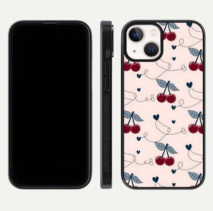 Cherry Heart Line Glass Case for iPhone 13 Mini dual-view layout displaying minimal cherry motif and edge design
