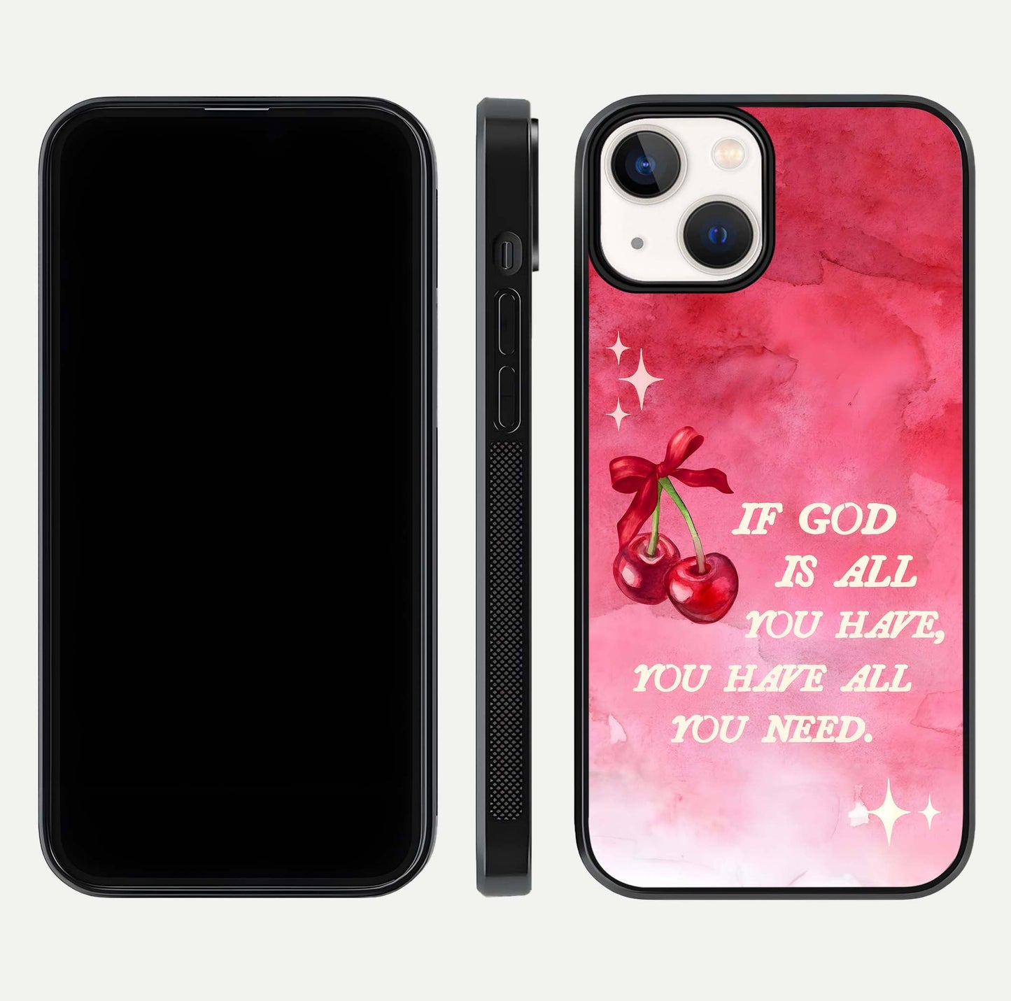 Cherry Quote Glass Case for iPhone 13 Mini dual-view layout showing red cherry tones and text balance