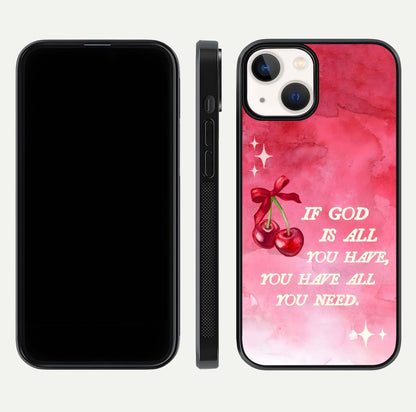 Cherry Quote Glass Case for iPhone 13 Mini dual-view layout showing red cherry tones and text balance