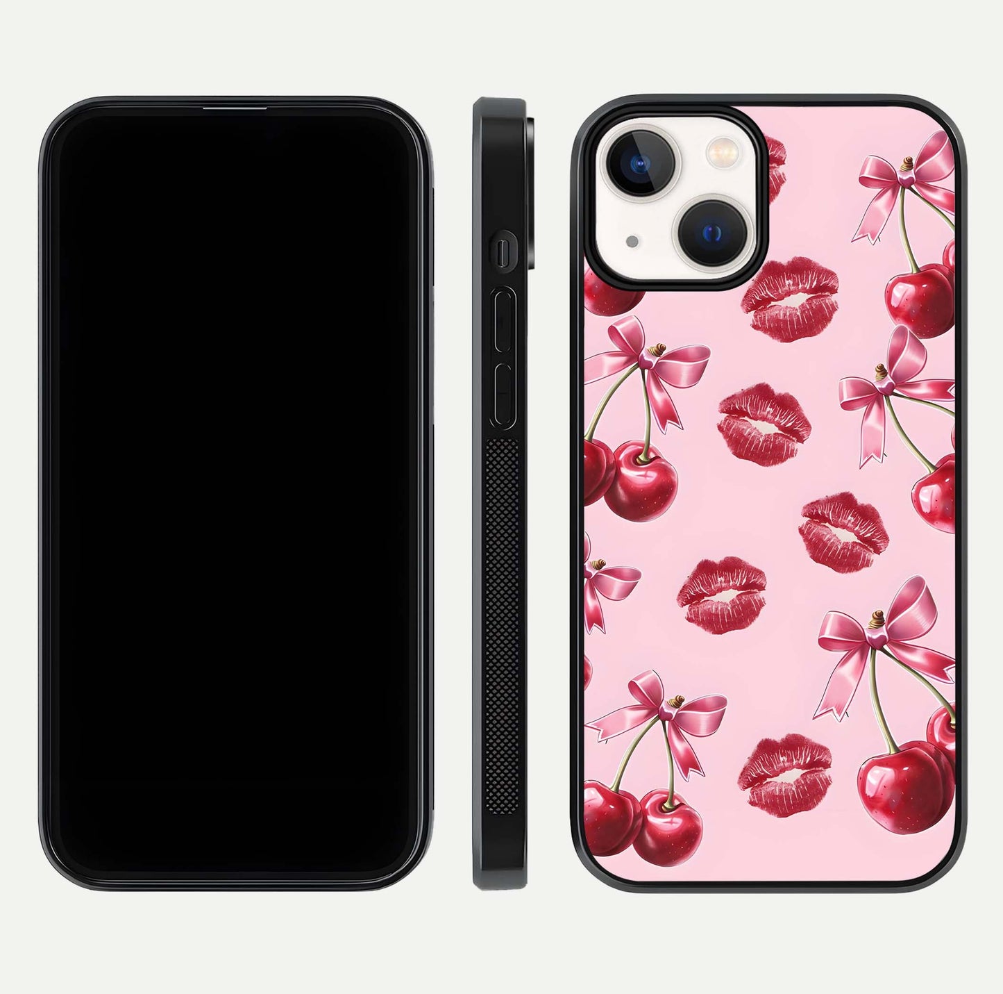 Cherry With Lips Glass Case for iPhone 13 Mini front-and-back layout displaying detailed design and glass finish