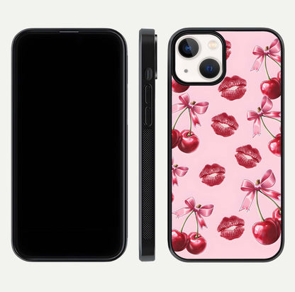 Cherry With Lips Glass Case for iPhone 13 Mini front-and-back layout displaying detailed design and glass finish