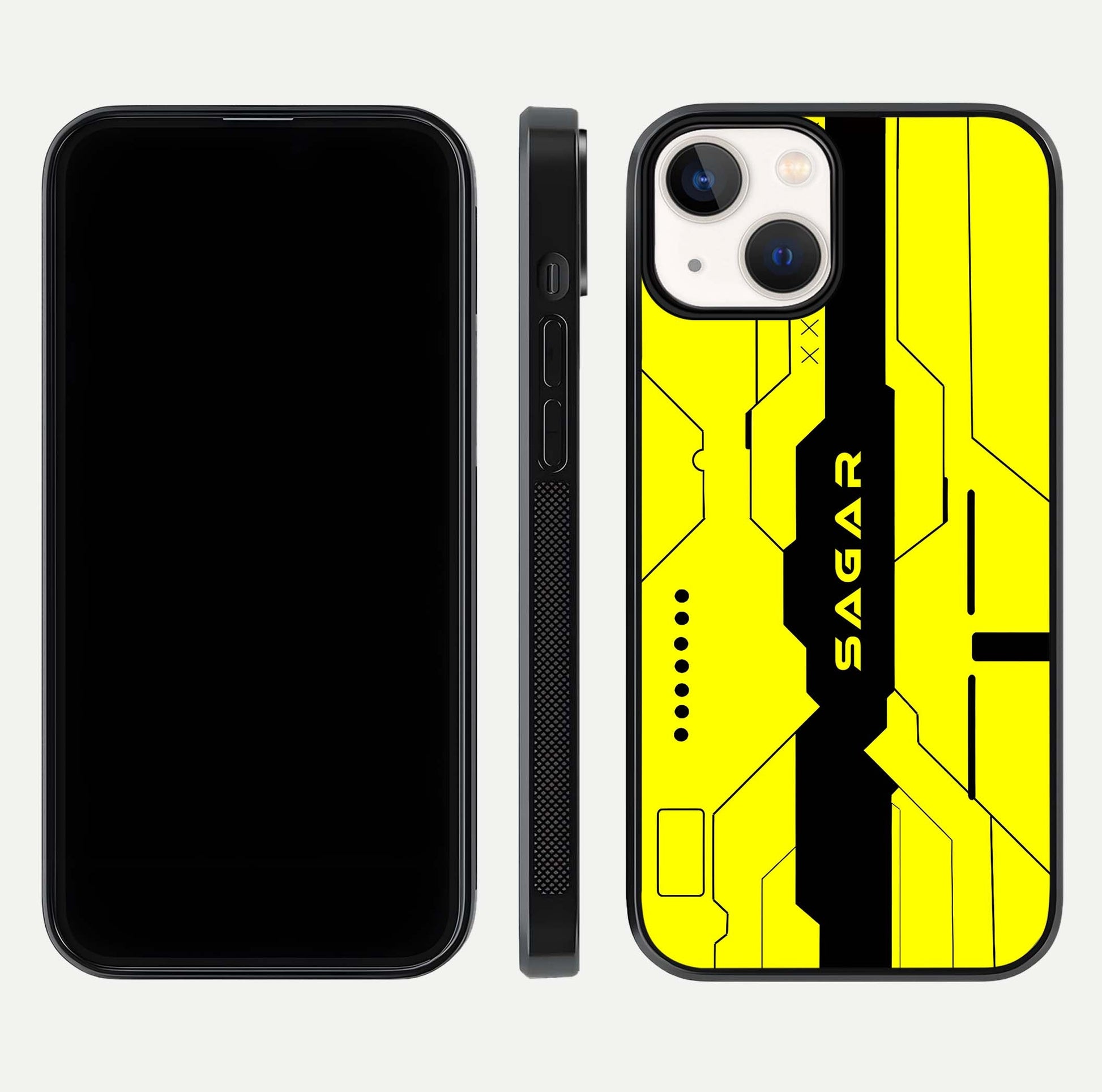 Circuit CYBERPUNK Custom Name Glass Case for iPhone 13 Mini dual-view layout showing bold tech art and edge clarity
