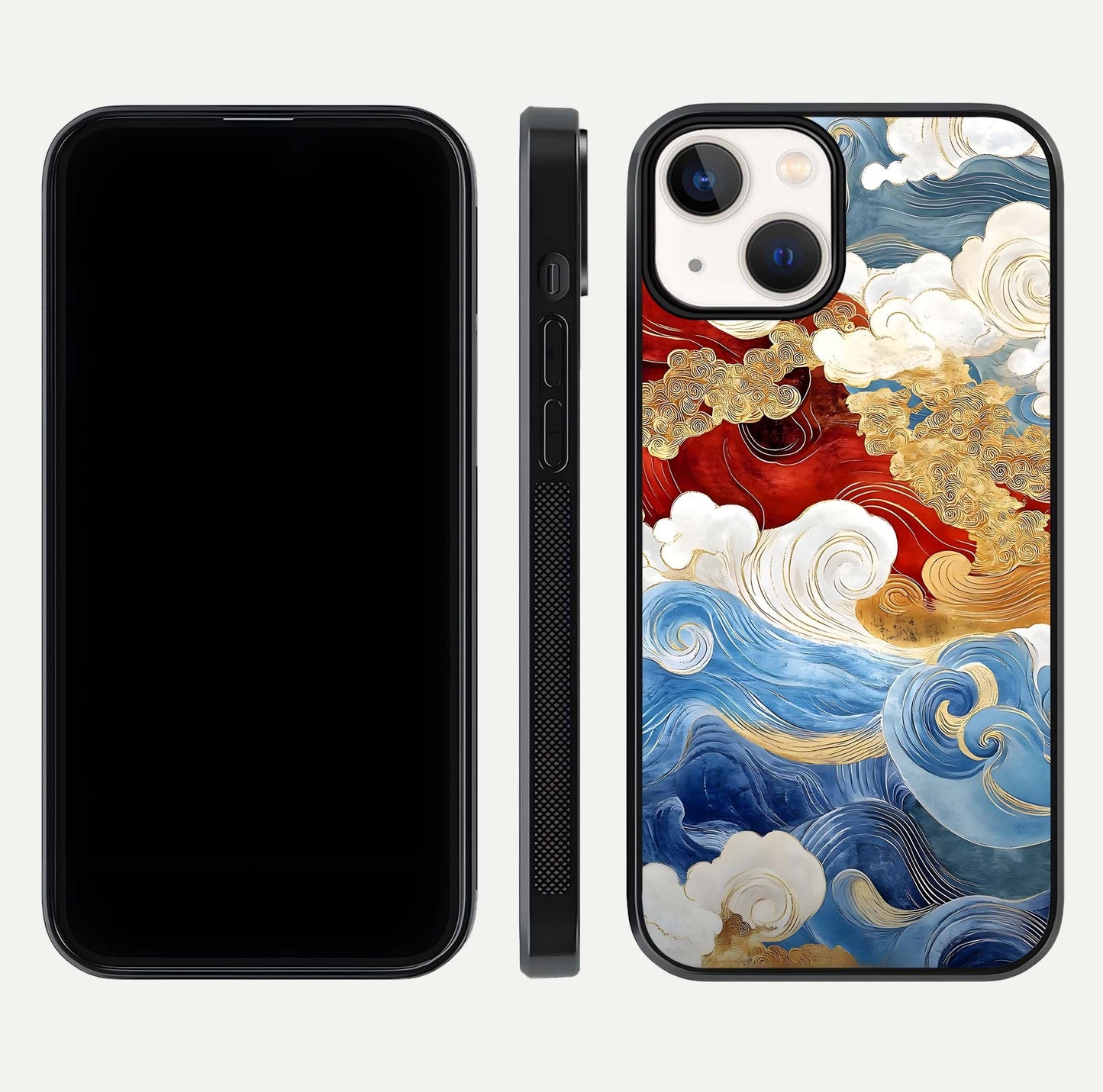 Colored Waves Glass Case for iPhone 13 Mini front & back layout showing smooth edges and vivid print tones