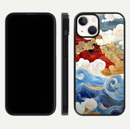 Colored Waves Glass Case for iPhone 13 Mini front & back layout showing smooth edges and vivid print tones