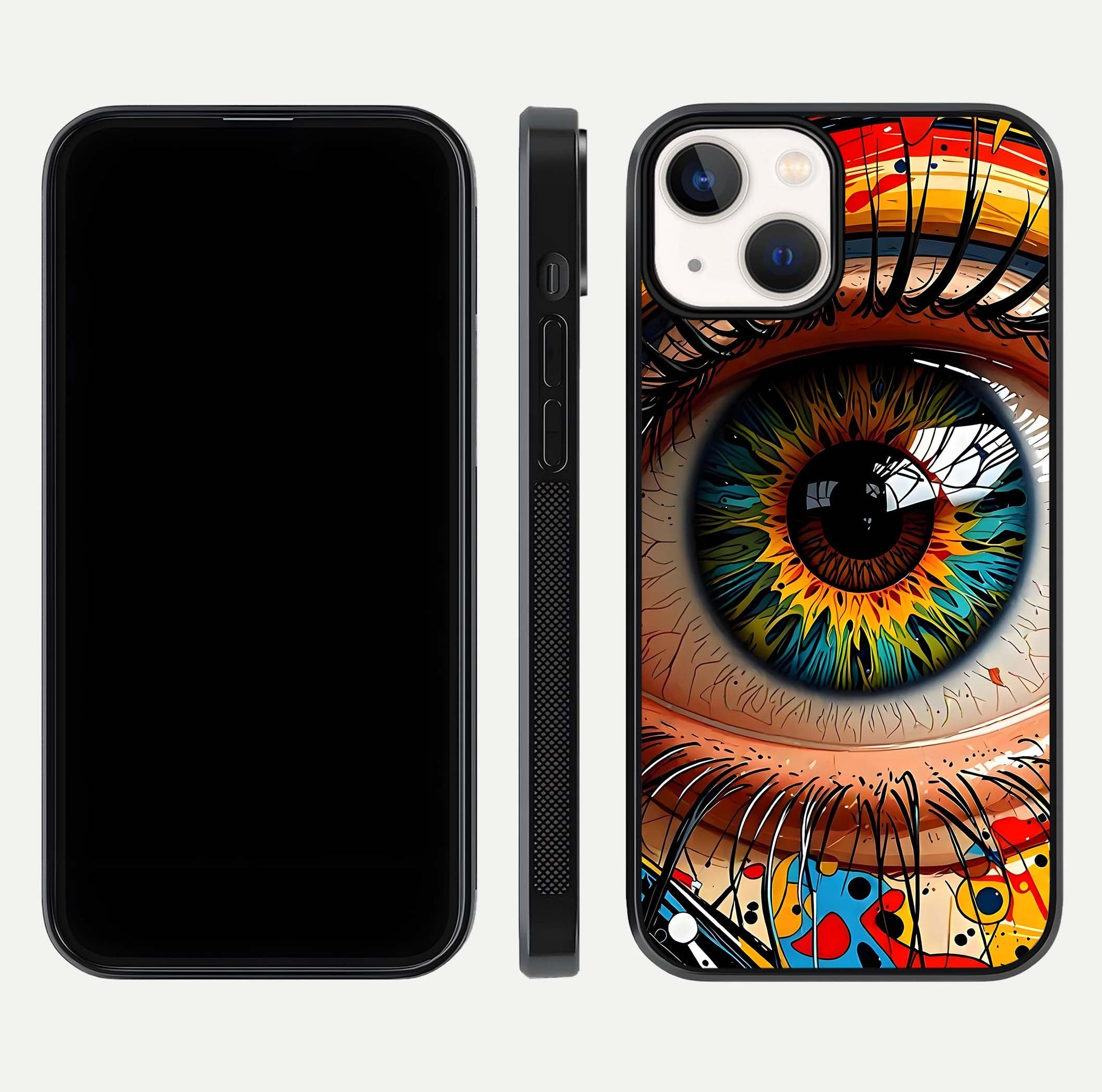Colorful Eye Glass Case for iPhone 13 Mini dual-view layout displaying vivid tones and smooth glass edges