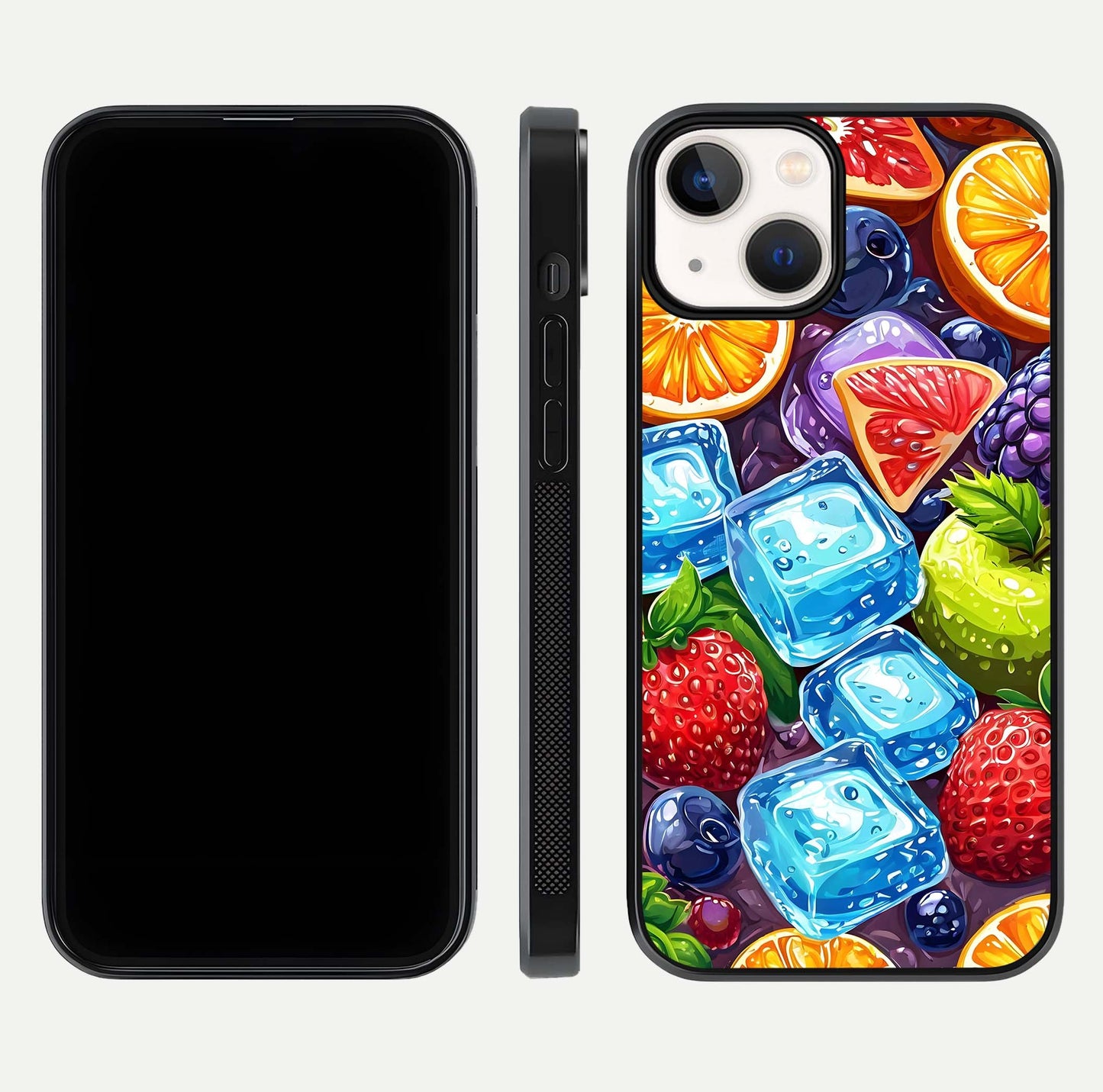 Colorful Fruits with Ice Glass Case for iPhone 13 Mini dual-view layout showing fresh tones and polished edges
