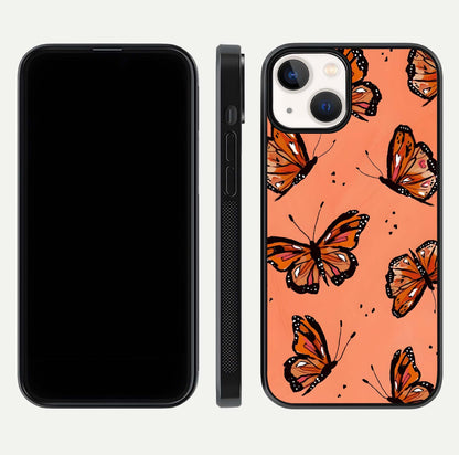 Coral Wing Butterfly Glass Case for iPhone 13 Mini dual-view layout displaying soft floral tones and curved edges