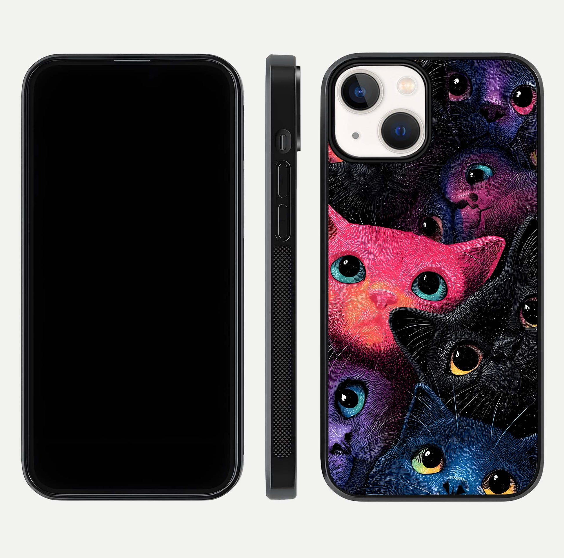 Cosmic Cats Dreams Glass Case for iPhone 13 Mini dual-view layout displaying HD print and glossy shine