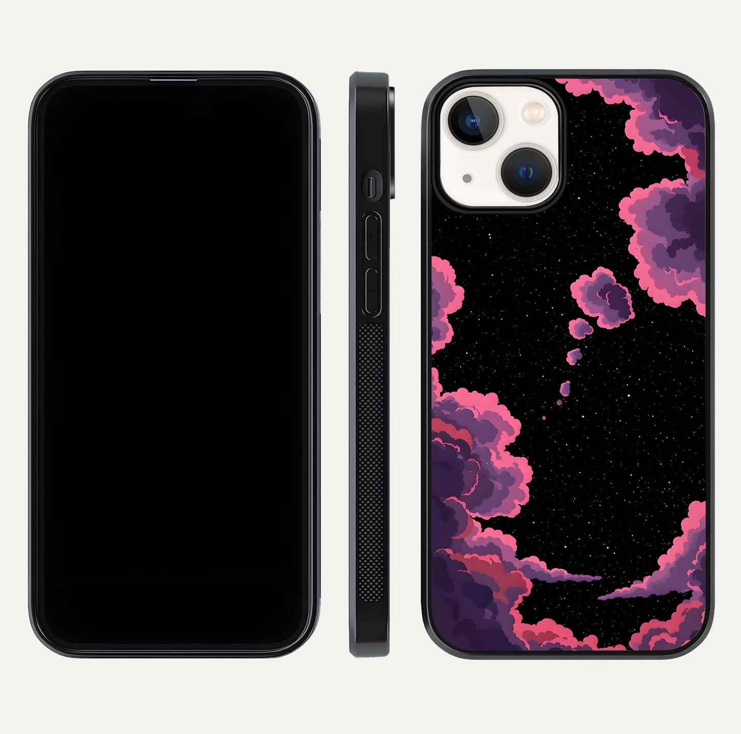 Cosmic Cloud Journey Glass Case for iPhone 13 Mini dual-view layout displaying celestial tones and edge clarity