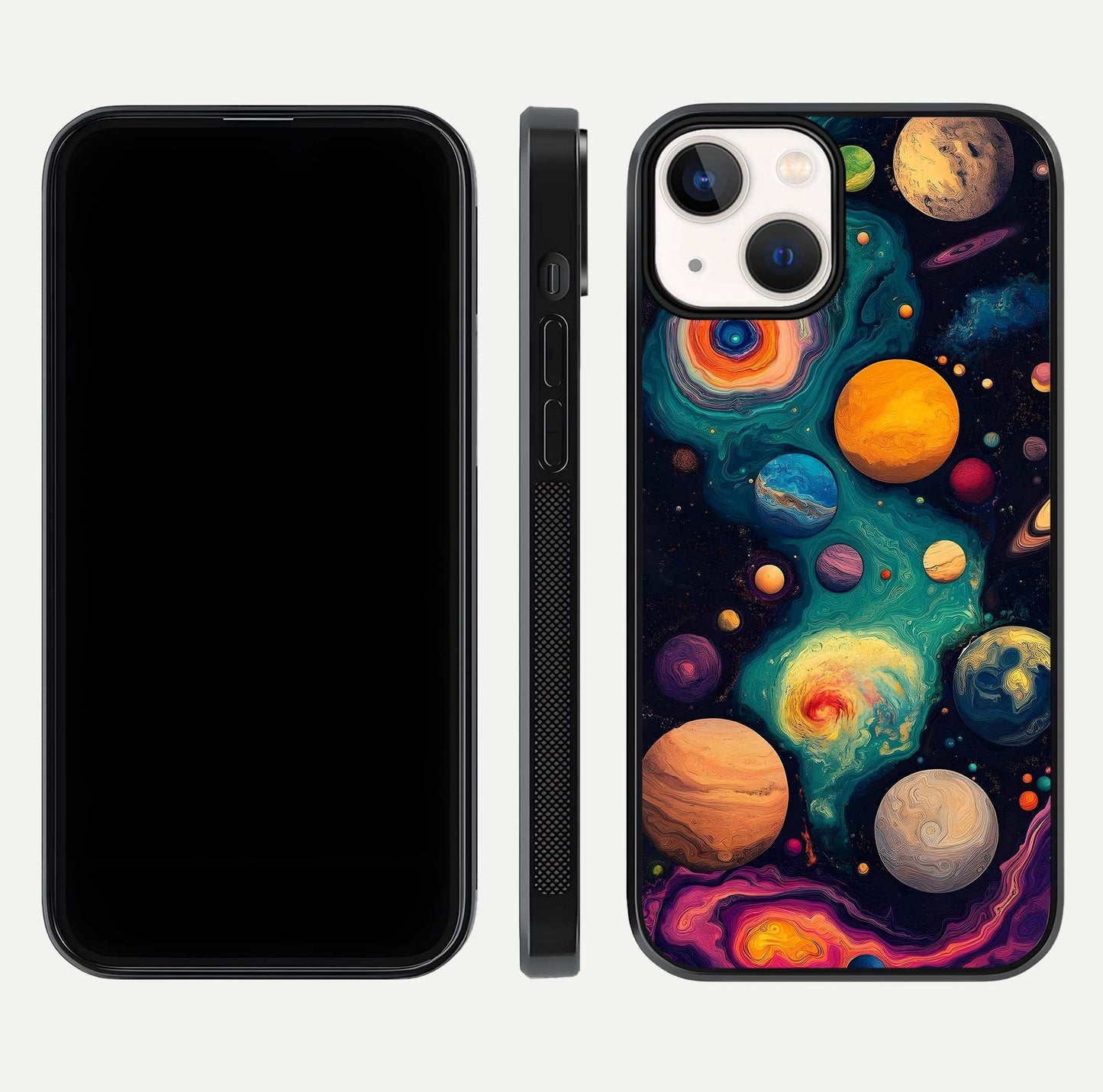 Cosmic Planet Journey Glass Case for iPhone 13 Mini dual-view layout displaying colorful cosmic balance