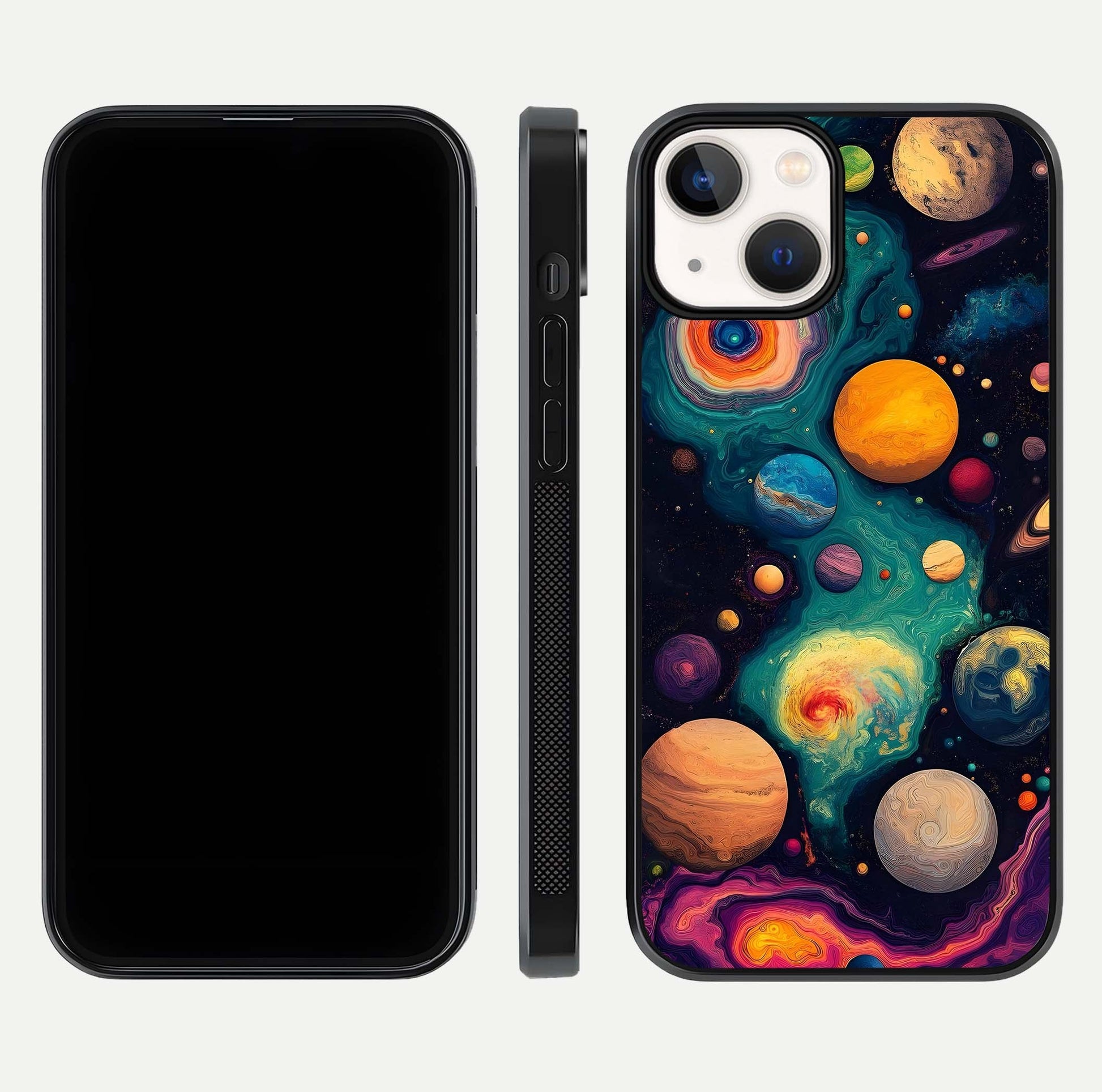 Cosmic Planet Journey Glass Case for iPhone 13 Mini dual-view layout displaying colorful cosmic balance