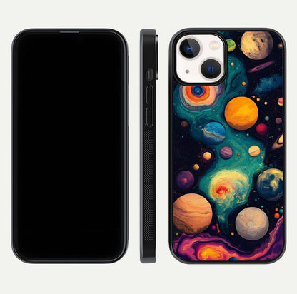 Cosmic Planet Journey Glass Case for iPhone 13 Mini dual-view layout displaying colorful cosmic balance